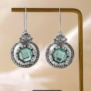 Art Deco Filigree Faux Aquamarine Gemstone Women Drop Southwestern, Earrings